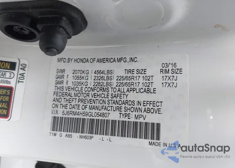 2016 Honda Cr-V Ex z USA, uszkodzony, nr VIN 5J6RM4H59GL054807